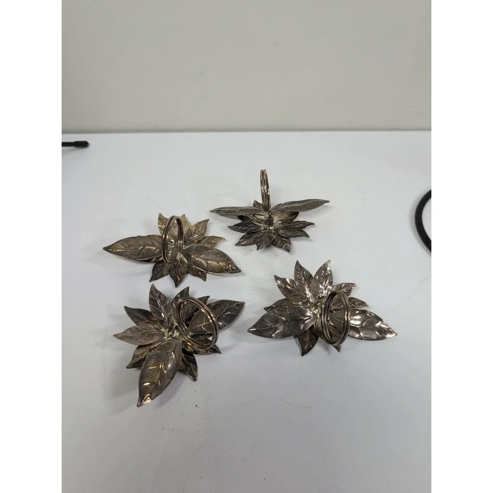 4 Metal Bronze Poinsettia Napkin Rings Holiday Christmas Table Decor